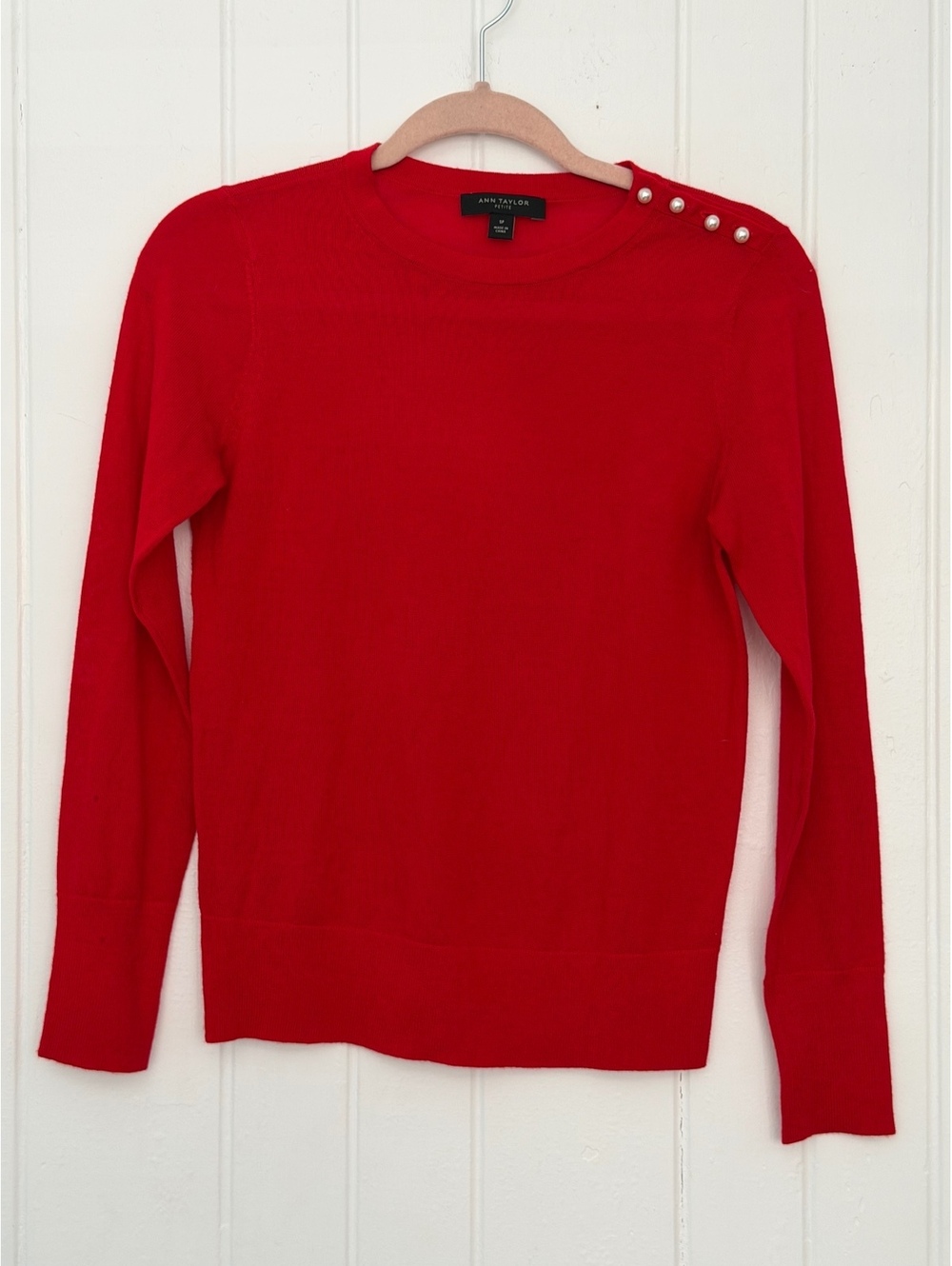 Ann Taylor Petite Red Wool Blend Sweater with Pearl Button Detail Size SP